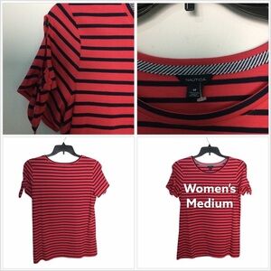 Nautica Medium 8 - 10 Top Shirt Short Sleeve Red Blue Stripe Nautical Crew NWOT